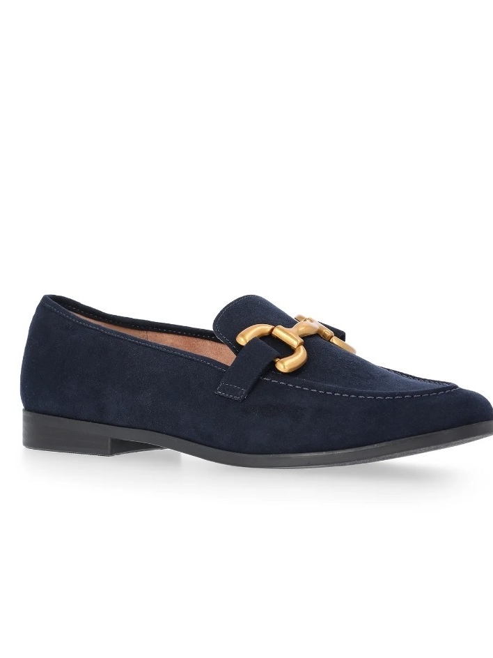 New Time And Tru Womens Navy Blue Suede Loafers Gold Buckle Flat Shoes
